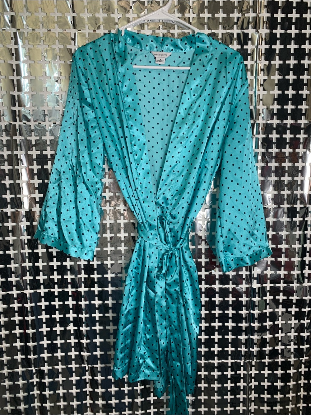 Liz Claiborne Teal Satin Polka Dot Wrap Robe
